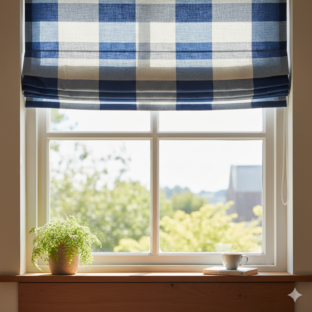 Store bateau à carreaux bleus sur mesure, réalisé en tissu d’éditeur pour une fenêtre