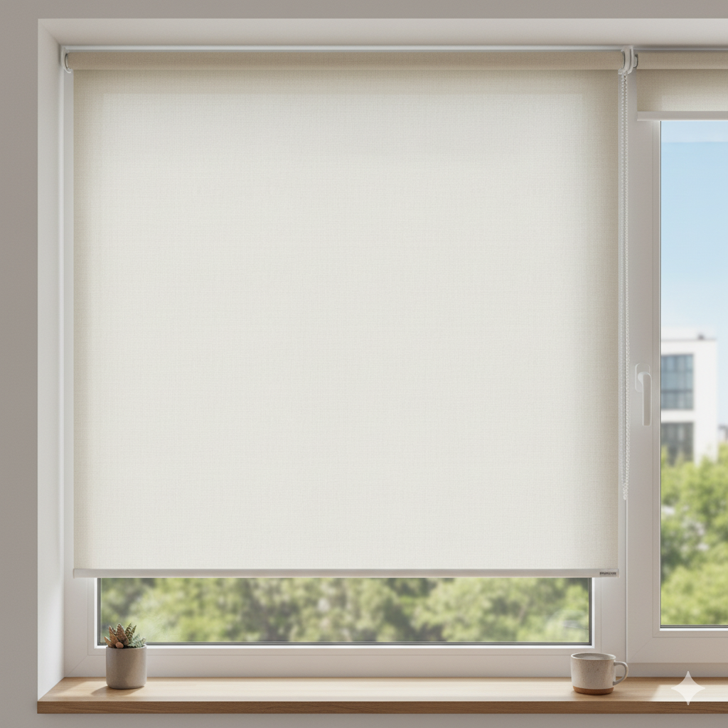 Store enrouleur textile clair sur mesure, installé devant une fenêtre, confection artisanale